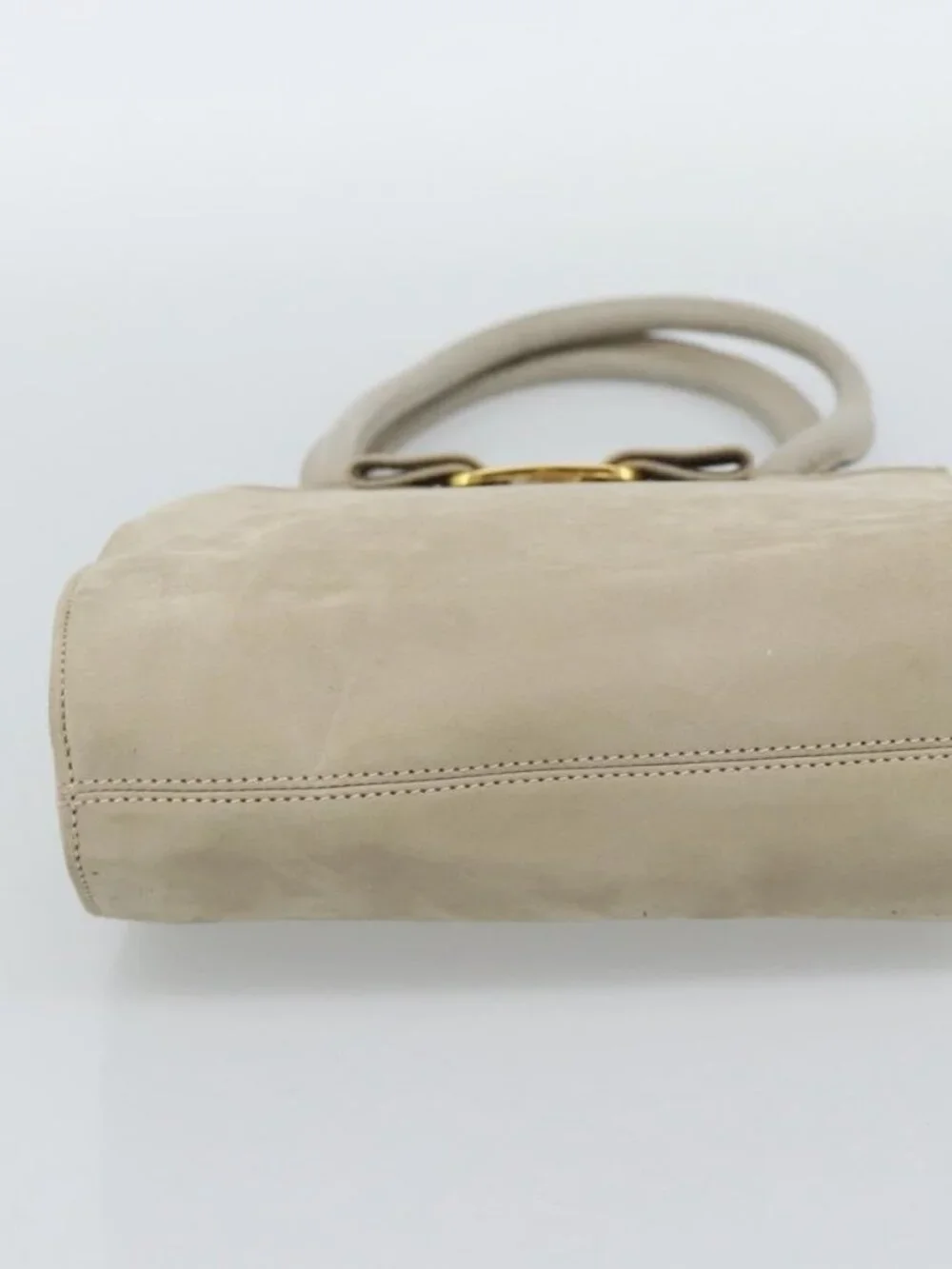 Salvatore Ferragamo Vala Hand Bag Suede Beige Gold Auth ka4791
